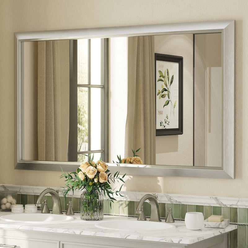 Beveled Metal Rectangle Framed Bathroom Vanity Tempered Glass Mirrors - 55" x 32" - Silver
