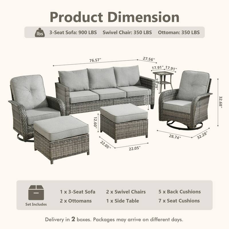 HOOOWOOO 6-piece Grey Wicker Outdoor Swivel Rocking Chair Set for Patio