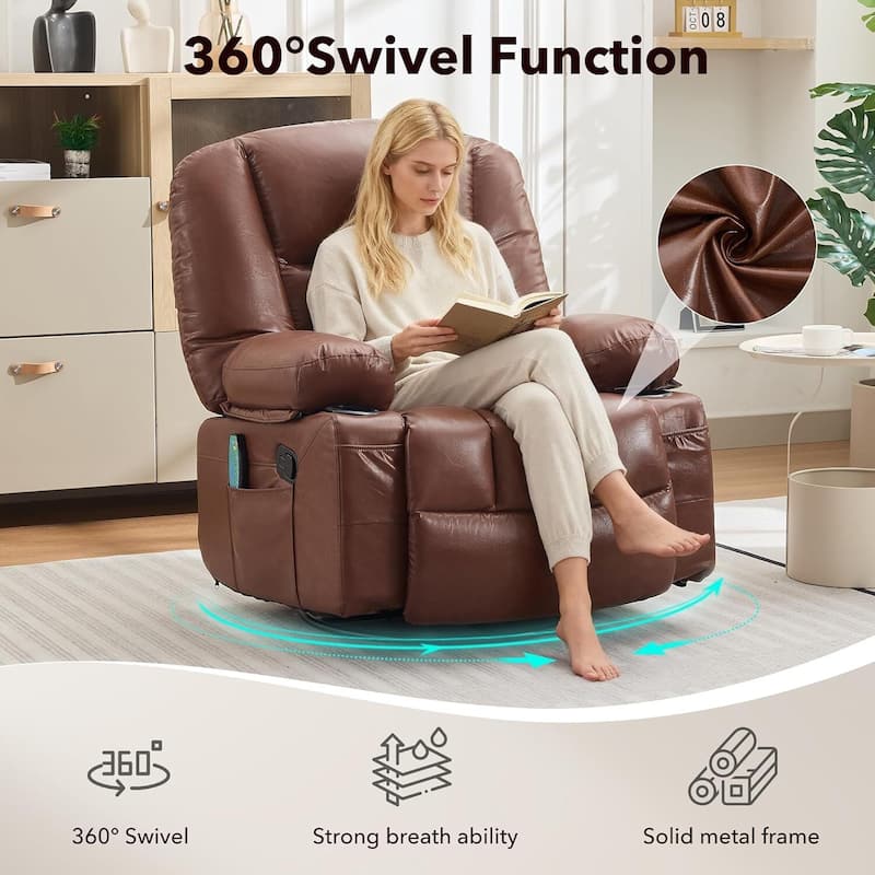 360° Swivel PU Leather Massage and Heating Rocker Recliner Chairs for Living Room, Bedroom