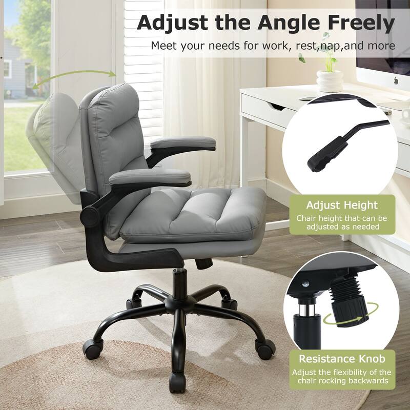Javlergo White PU Leather Office Chair Adjustable Back 360° Swivel Chair with Flip-Up Arms Ergonomic Desk Chair for Home Office