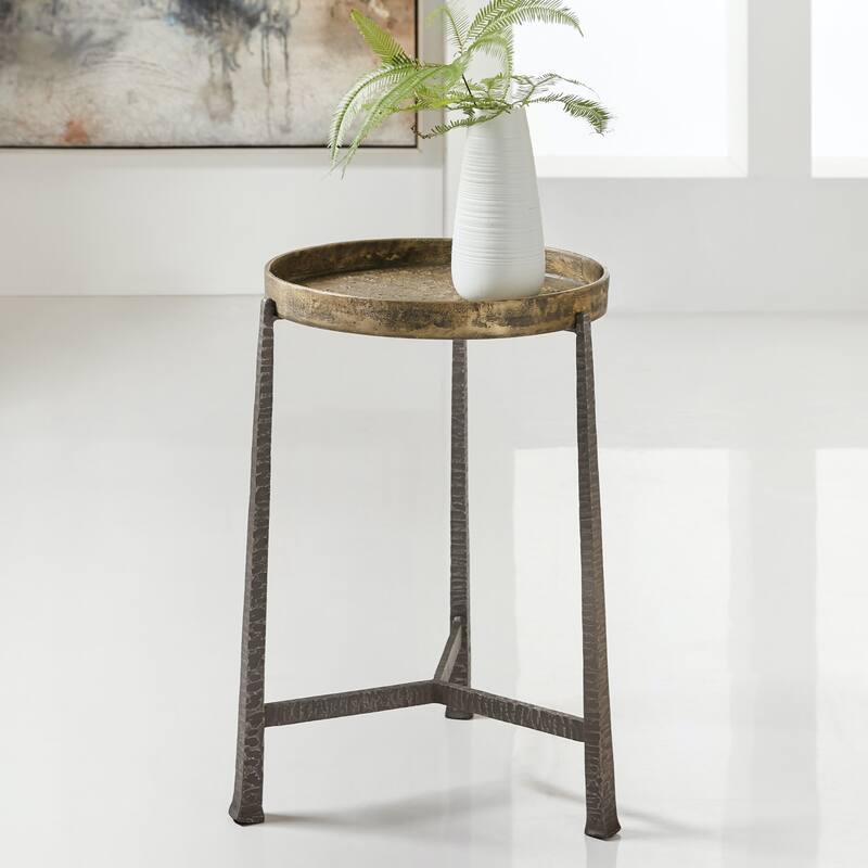 Hooker Furniture Melange Funda 17" Round Modern Industrial Accent Side - Hammered Gold