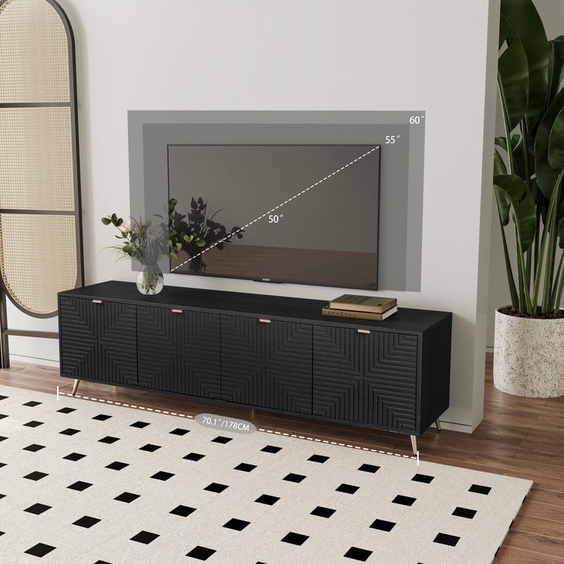 70"-90" Extendable TV Stand with Storage, Modern Adjustable Entertainment Center in Black - Real Wood Veneer