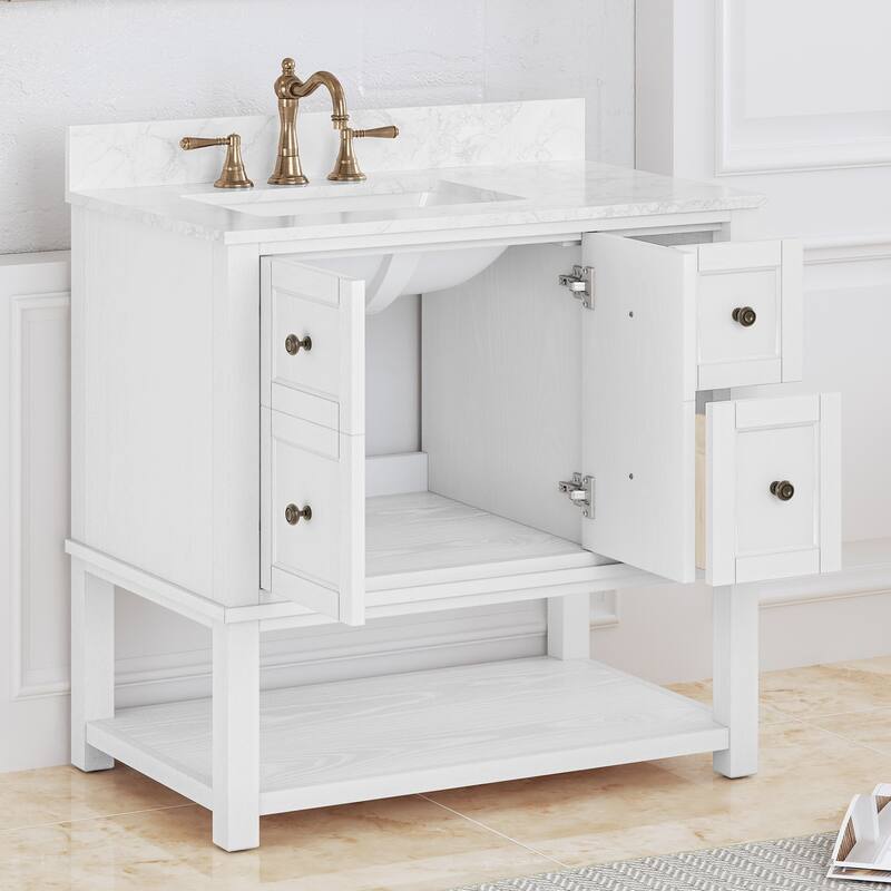 48" Bathroom Vanity with Sink, Marble Countertop Single Bathroom Vanity with 6 Drawers, White