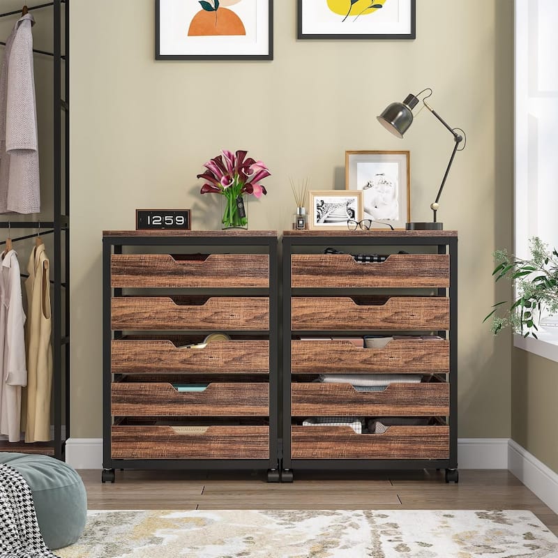 5 Drawer Chest, Wood Storage Dresser Cabinet with Wheels, Industrial Storage Drawer Organizer Cart for Office (1 PC)