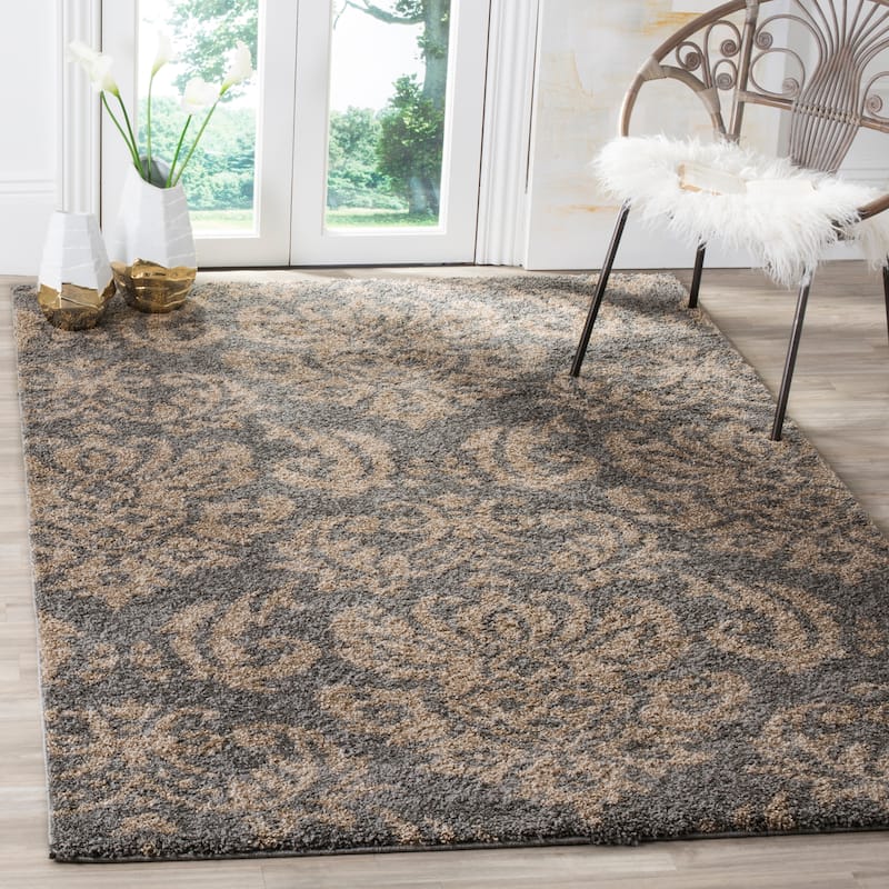 SAFAVIEH Florida Shag Aurkene Floral Damask 1.2-inch Thick Rug - 4' Square - Grey/Beige