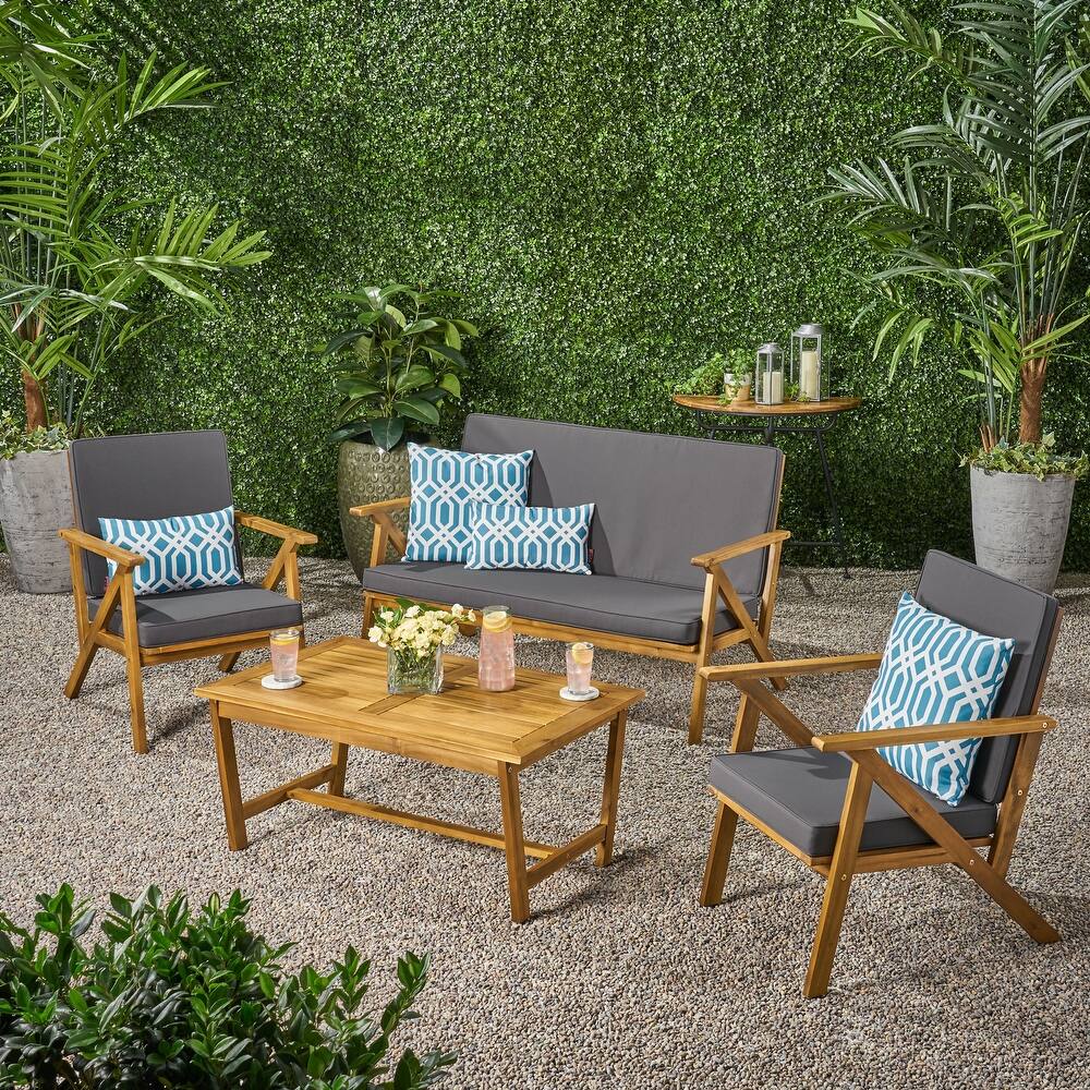 Panama Outdoor 4 Piece Teak Finish Acacia Wood Chat Set with Cushions by Christopher Knight Home