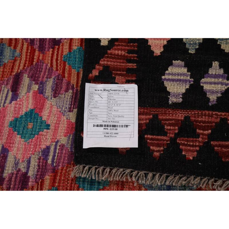 Kilim Area Rug Hand-Woven Geometric Wool Carpet - 10'4" x 13'2"
