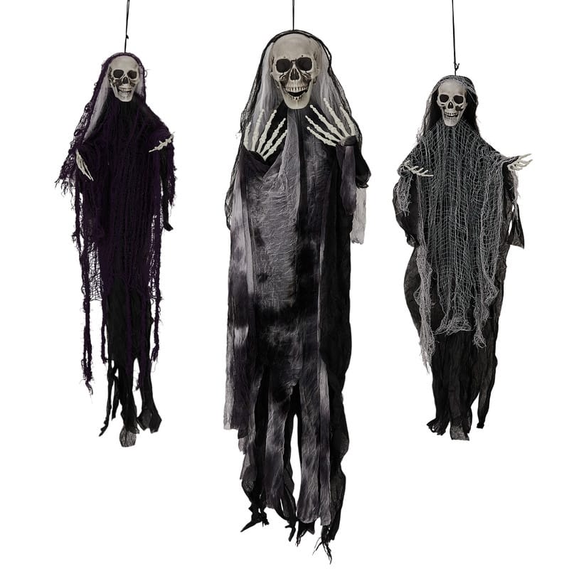 3 Pack Hanging Halloween Skeleton Ghosts Decorations, Grim Reapers for Best Halloween Outdoor Decorations - Black