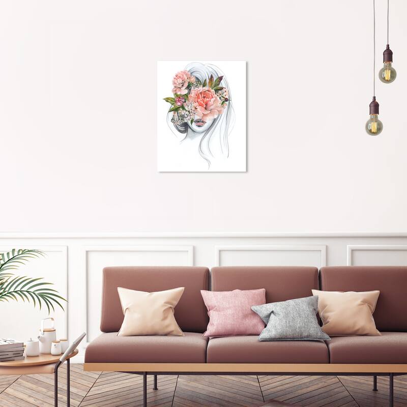 Wynwood Studio Fashion and Glam Sketch of the girl Orange and Peach Traditional Wall Art Canvas Print - 30 x 20