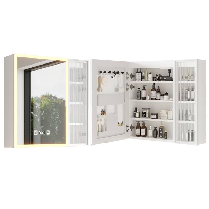 White MDF Bathroom Wall Cabinet with Glass Doors, LED, USB and Shelves - 28.2” L x 6.3” W x 27.6” H