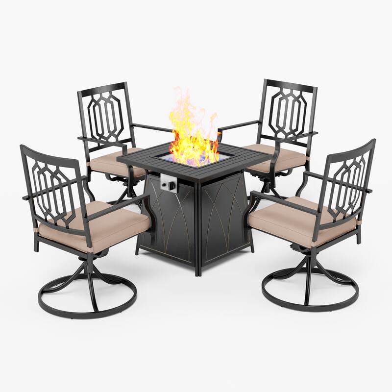 MAISON ARTS 5-Piece Patio Fire Pit Set，4 Swivel Armrest Chairs with Cushion and 28 inch Steel Striped Square Fire Table
