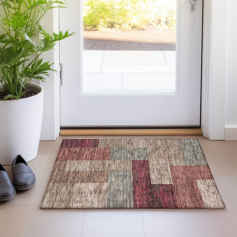 Machine Washable Indoor/ Outdoor Modern Blocks Chantille Rug