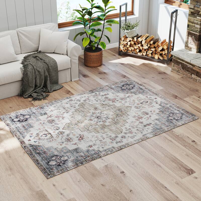 HOMCOM 4x6 Area Rug, Vintage Machine Washable Rug, Non-Slip Floor Carpet for Living Room, Bedroom, Dining Room, Home Office