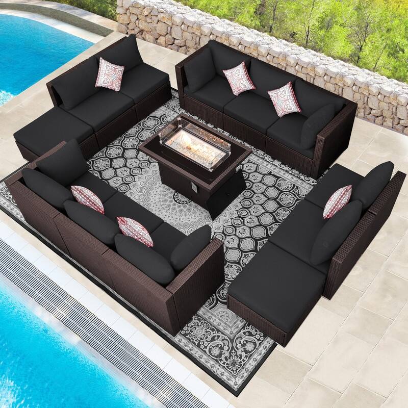 13-Piece Outdoor Wicker Patio Sectional Conversation Set with 43" CSA Fire Pit Table - Dark Gary