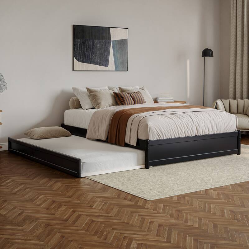 Barcelona Panel Platform Bed with Twin XL Trundle - Black - Queen