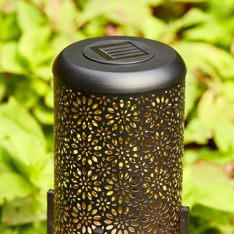 Glitzhome 14.25"H Set of 2 Metal Flower Cutout Solar Lanterns Floor Lantern