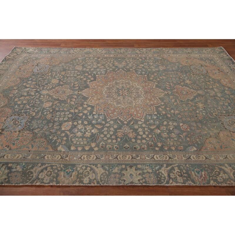 Green Tabriz Persian Vintage Area Rug Hand-knotted Wool Carpet - 6'5" x 8'11"