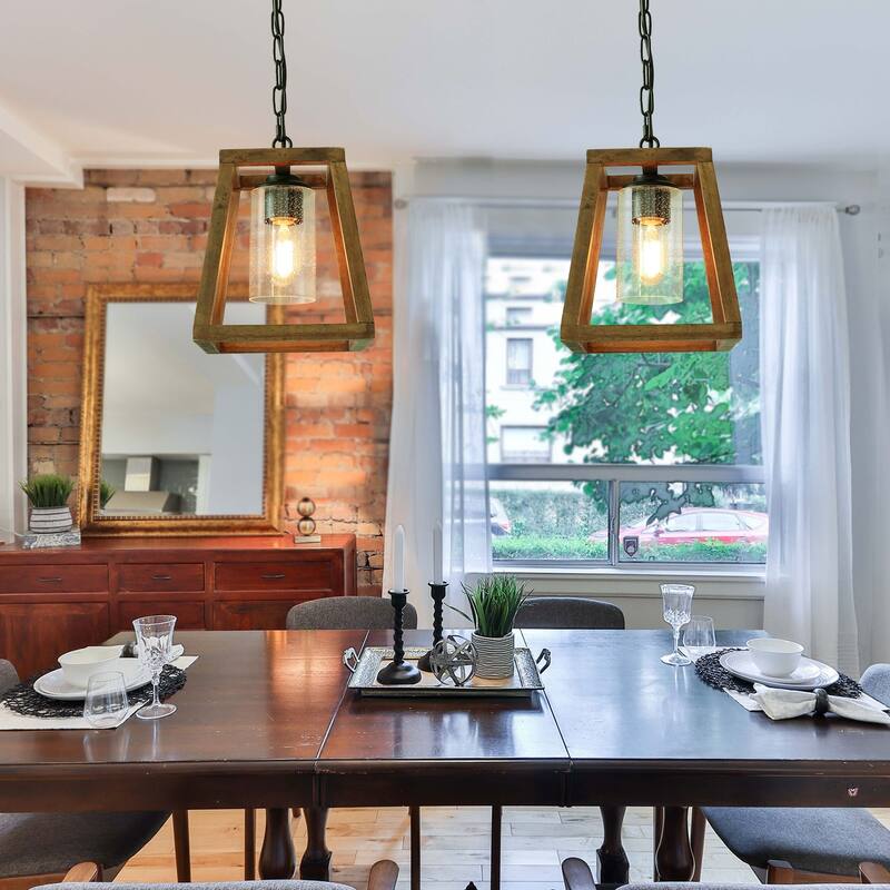 Anmytek Pendant Light Farmhouse Kitchen Wood Chandelier Rustic Hanging Ceiling Light Fixture