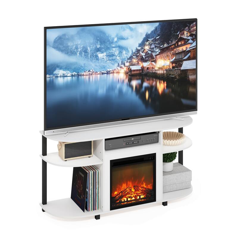 Furinno Jensen Open Storage Curved Entertainment Center Stand with Fireplace for TV up to 55 Inch