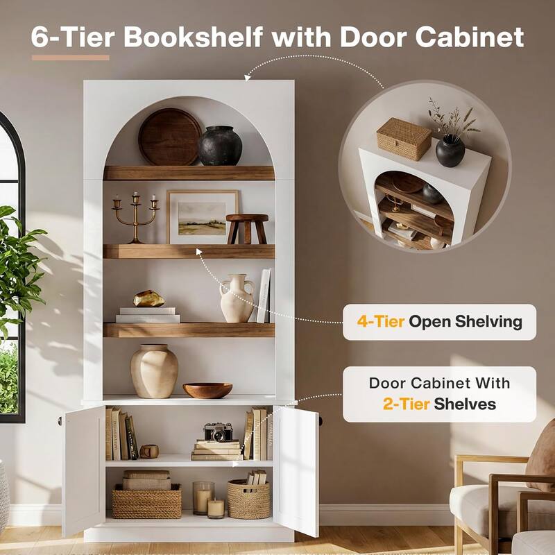 71-Inch Modern Tall Arched Bookcase with Doors for Office, Living Room, Kitchen