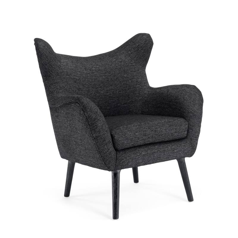 Black Modern 34.25" Upholstered Arm Chair with Oak Wood Legs and Wing Back