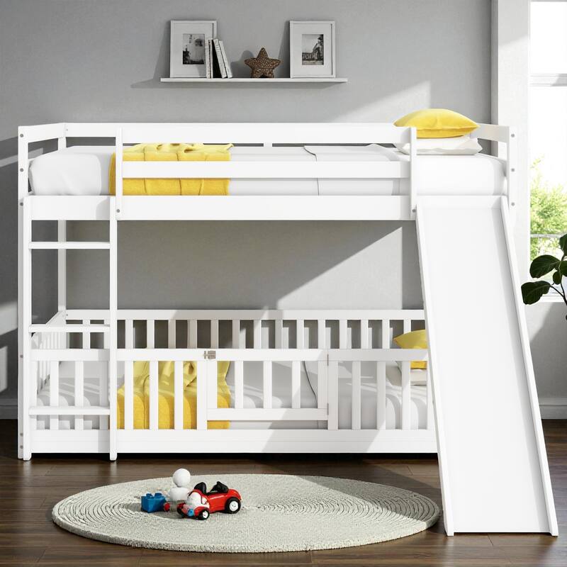 Solid Pine Wood Twin Over Twin Bunk Bed with Slide, Door, Ladder, and Guardrails, Convertible Floor Bunk Bed for Kids - White - Twin