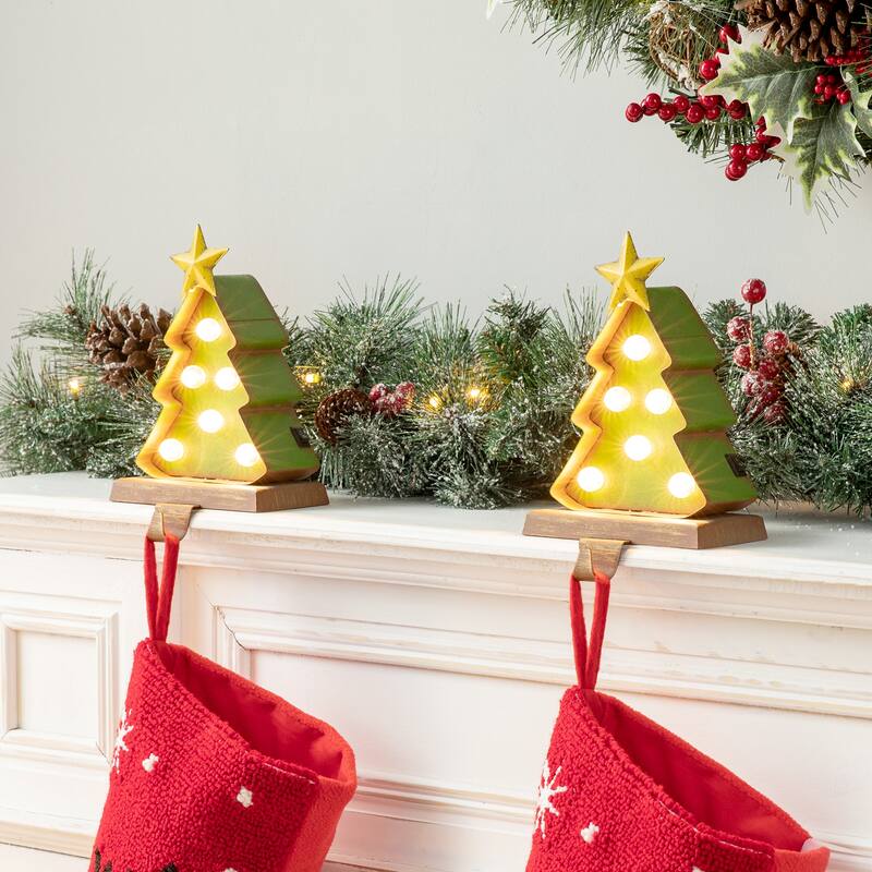 Glitzhome Marquee LED Cartoon Tree Snowman Christmas Stocking Holders Mantel Ornament