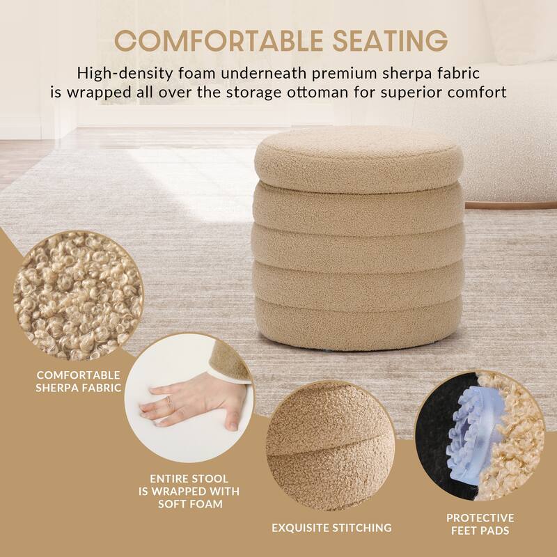 Bayville 16" Tall Sherpa Round Ottoman With Storage