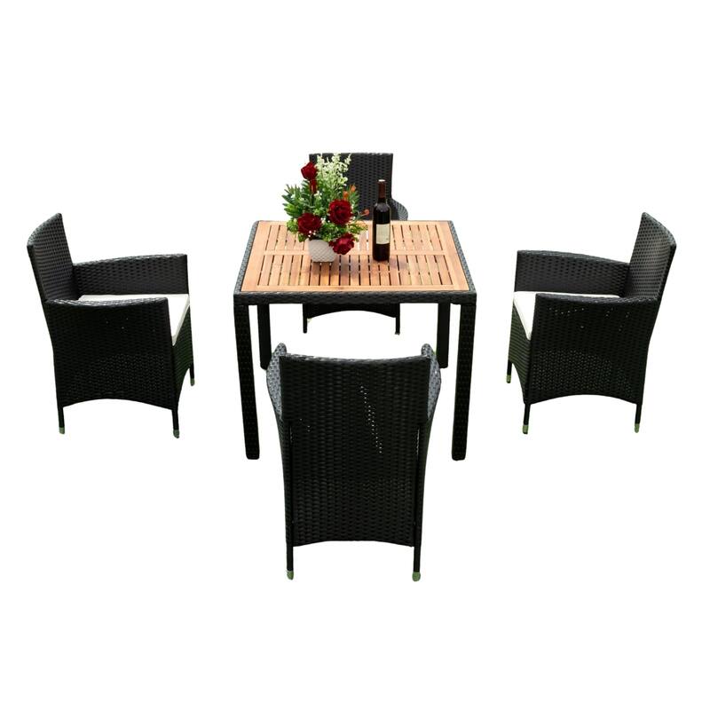 5-piece Outdoor Patio Wicker Dining Set with Acacia Wood Top and Creme Cushion
