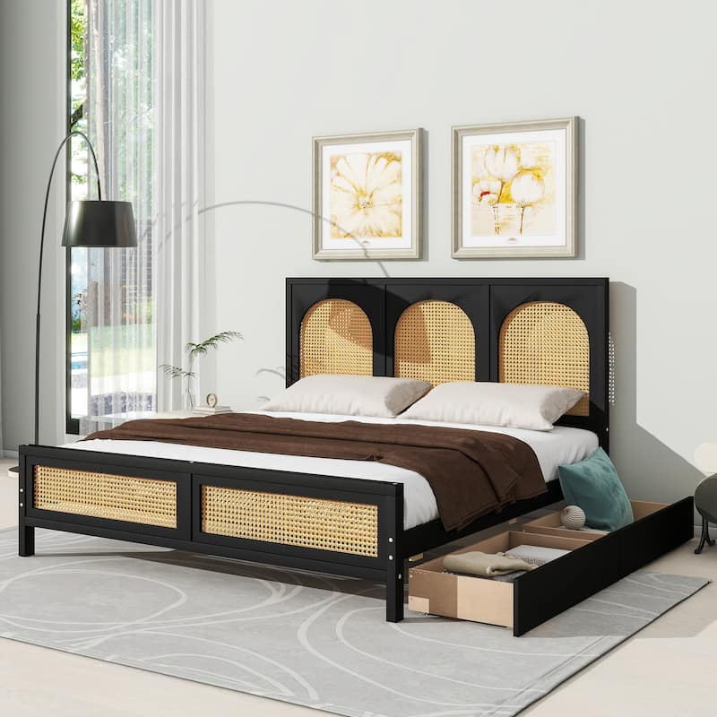 Queen Size Wood Platform Bed with Rattan Headboard, Footboard, and Storage Drawers - Black - Queen