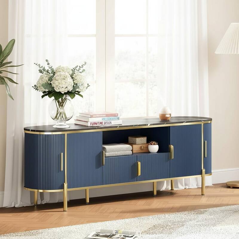 Fluted TV Stand, with Faux Marble Top - Navy Blue