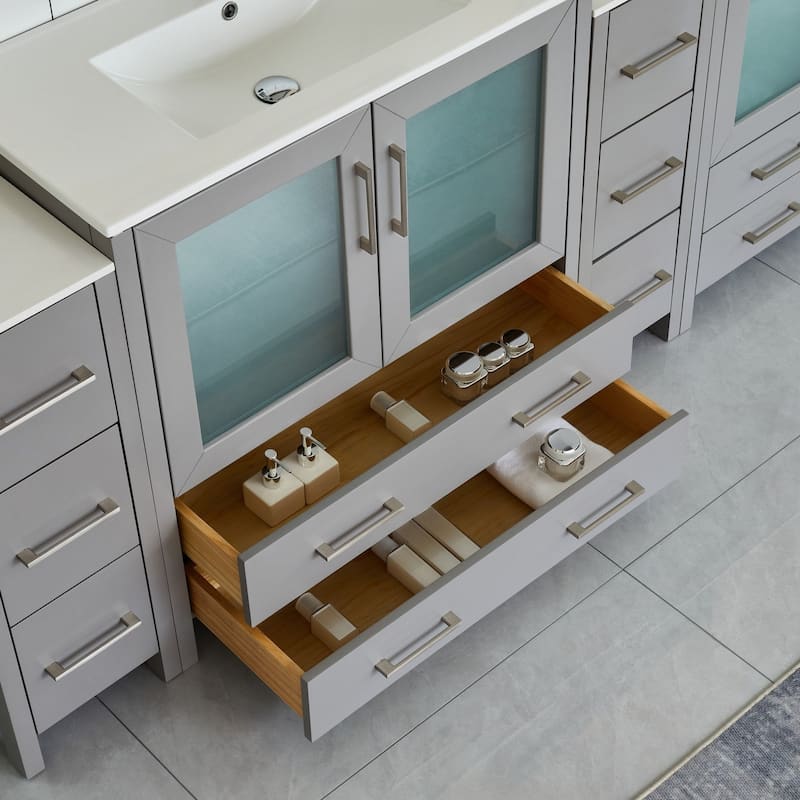Vanity Art 108" Double Sink Bathroom Vanity Set 13 Dove-Tailed Drawers 3 Cabinets 2 Shelves Soft-Closing Doors with Free Mirror