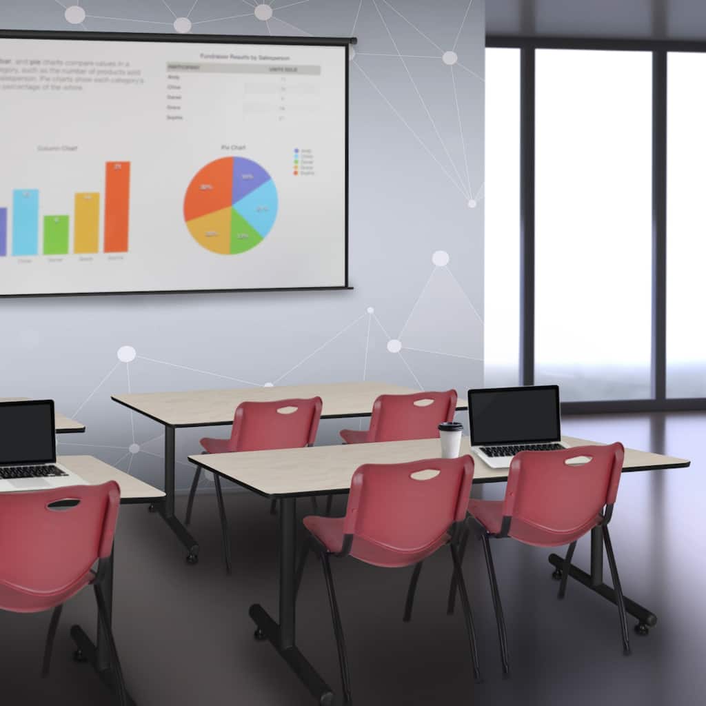 72" x 24" Training Table- Maple & 2 'M' Stack Chairs- Burgundy - 72" x 24"