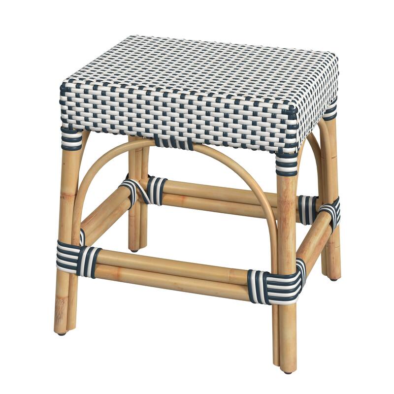Robias Rattan Rectangular 18" Dining Stool - White/Navy Blue