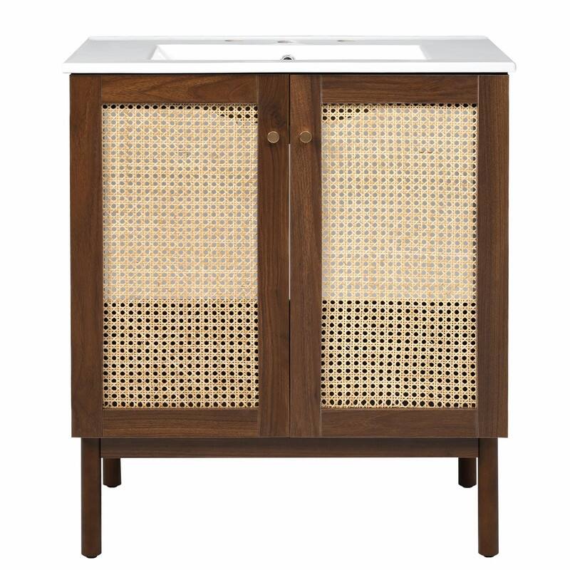 30" Bathroom Vanity with Handwoven Bamboo Doors, MDF Cabinet