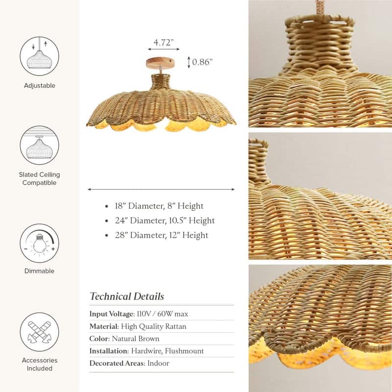 Aurelia Rattan Flush Mount - Rattan Natural 1-Light Handwoven Ceiling Light for Dining Room or Living Room in Modern, Boho Style