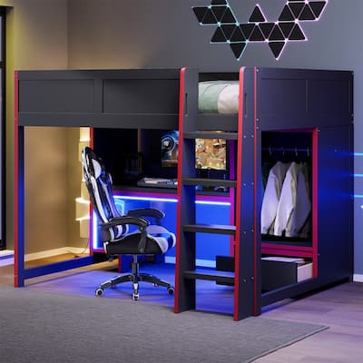 Solid Wood Gaming Loft Bed with Bulit-in Desk and Wardrobe, Twin/Full Size Loft Bedframe with LED Light and 1 Storage Drawer