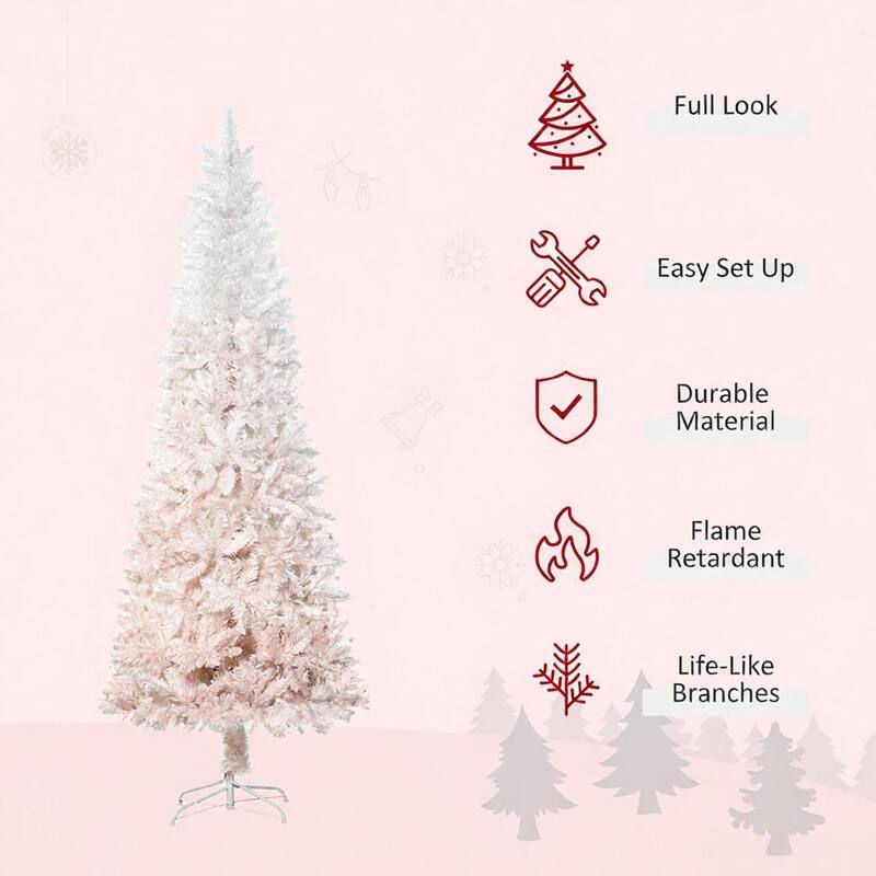 Tall Unlit Pencil Fir Artificial Tree - Realistic Branches, Steel Base - Pink,White
