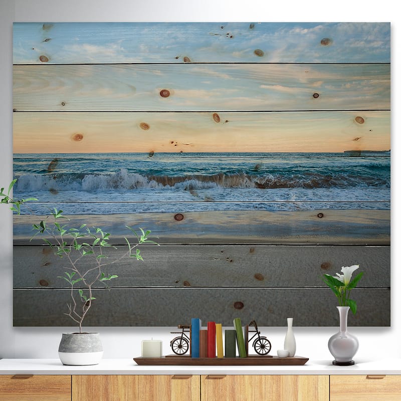 Designart 'Blue Splashing Scene Beach' Nautical & Coastal Wood Wall Art Décor - Natural Pine Wood