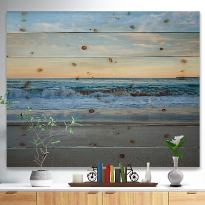 Designart 'Blue Splashing Scene Beach' Nautical & Coastal Wood Wall Art Décor - Natural Pine Wood