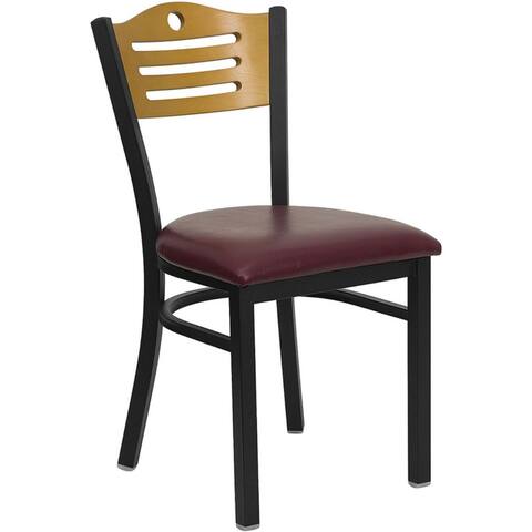 Offex Black Slat Back Metal Restaurant Chair with Natural Wood Back, Burgundy Vinyl Seat - Not Available