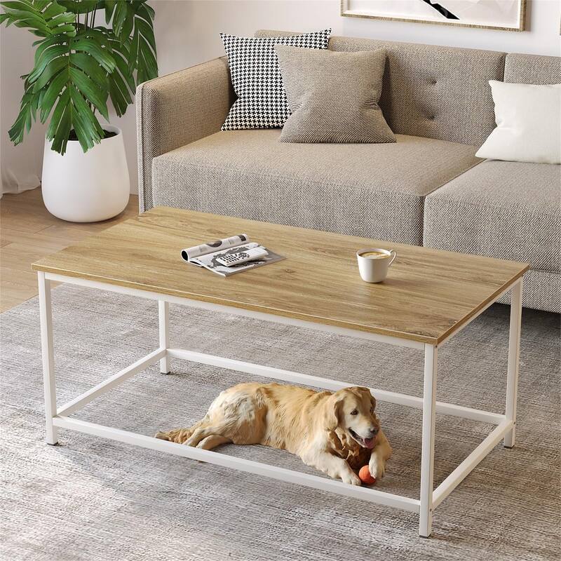 Marble Coffee Table Simple Modern Open Design - 39.34"D x 19.7"W x 17.7"H - Oak White