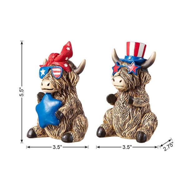 Glitzhome Set of 2 Patriotic July 4th Resin Highland Cows Table Decor