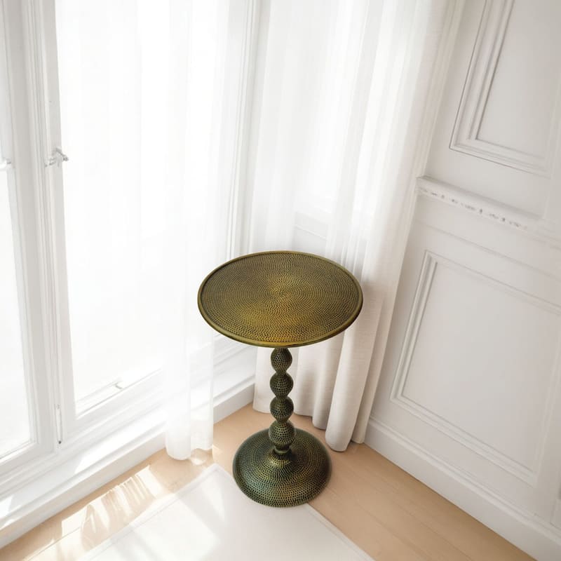 Pearson Hammered Dimple Round Metal Side Table - Aluminium Base and Top Accent Table Antique Brass Finish