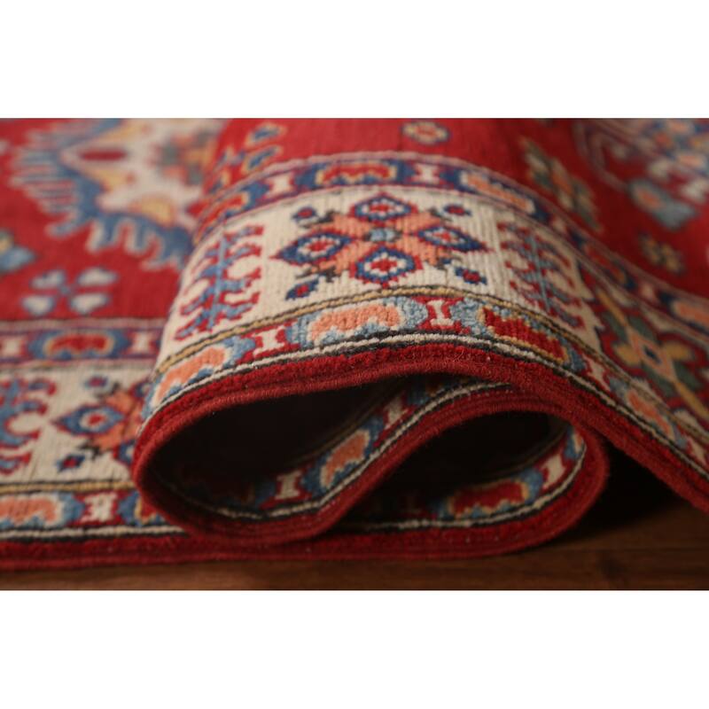 Red Geometric Kazak Oriental Wool Runner Rug Handmade Hallway Carpet - 2'8" x 9'9"