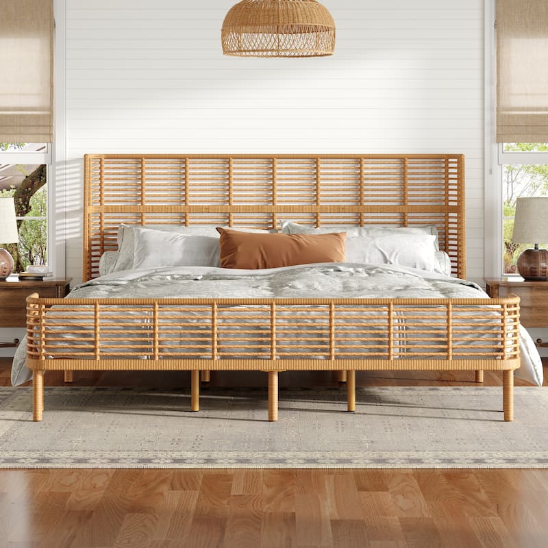 Christopher Knight Home - Marlowe Rattan Bed with Metal Frame and Wingback Design