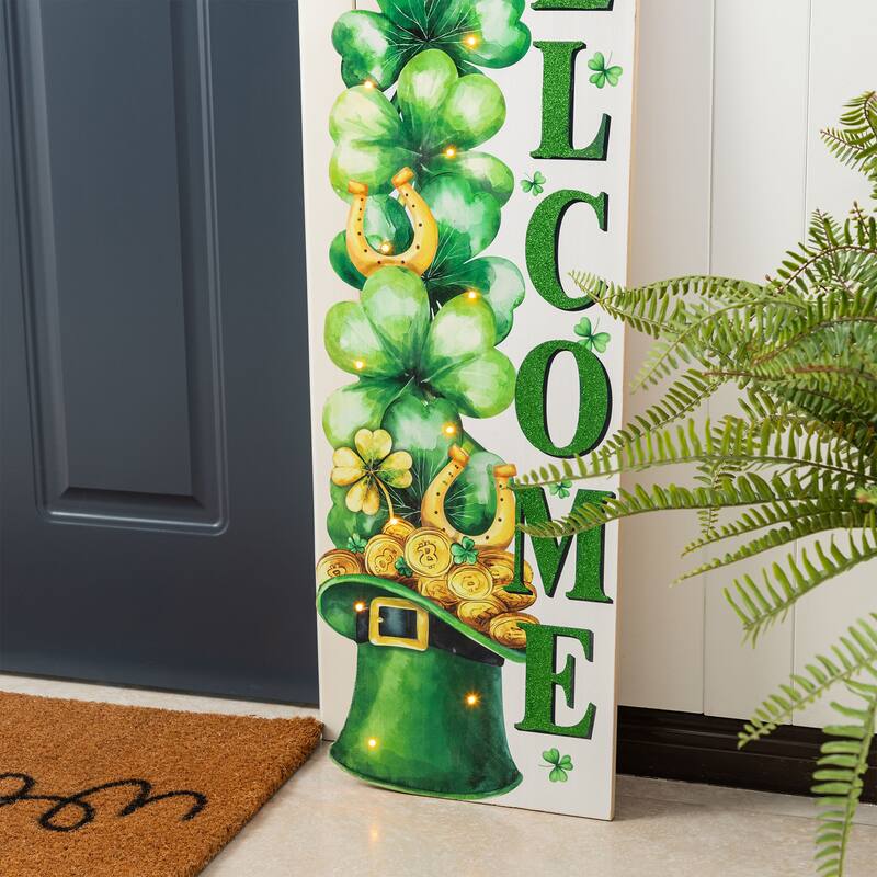 Glitzhome 42"H St. Patrick's Lighted Wooden Stacked Shamrock Porch Decor with Timer