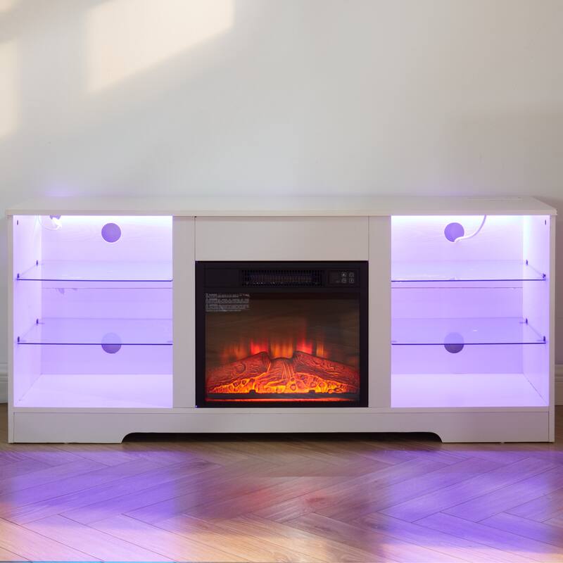 58'' TV Stand for TVs up to 62" with 3D Electric Fireplace, Glass Shelves, LED Lights and USB Charging Ports