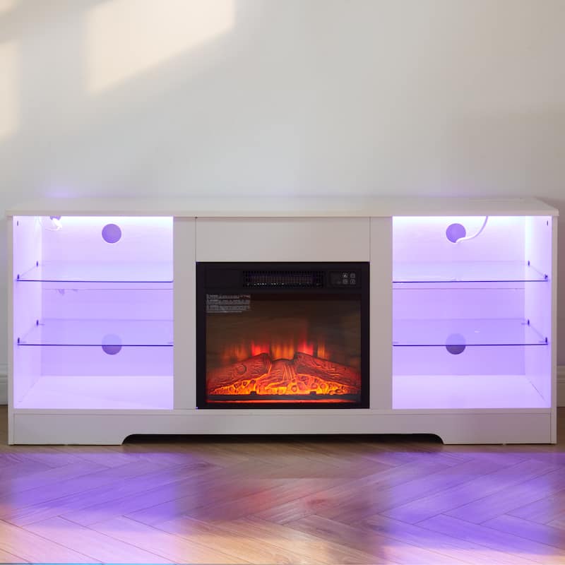 White 58" Fireplace TV Stand with Glass Shelves, LED Lights and USB Charging Outlet for TVs Up to 62"