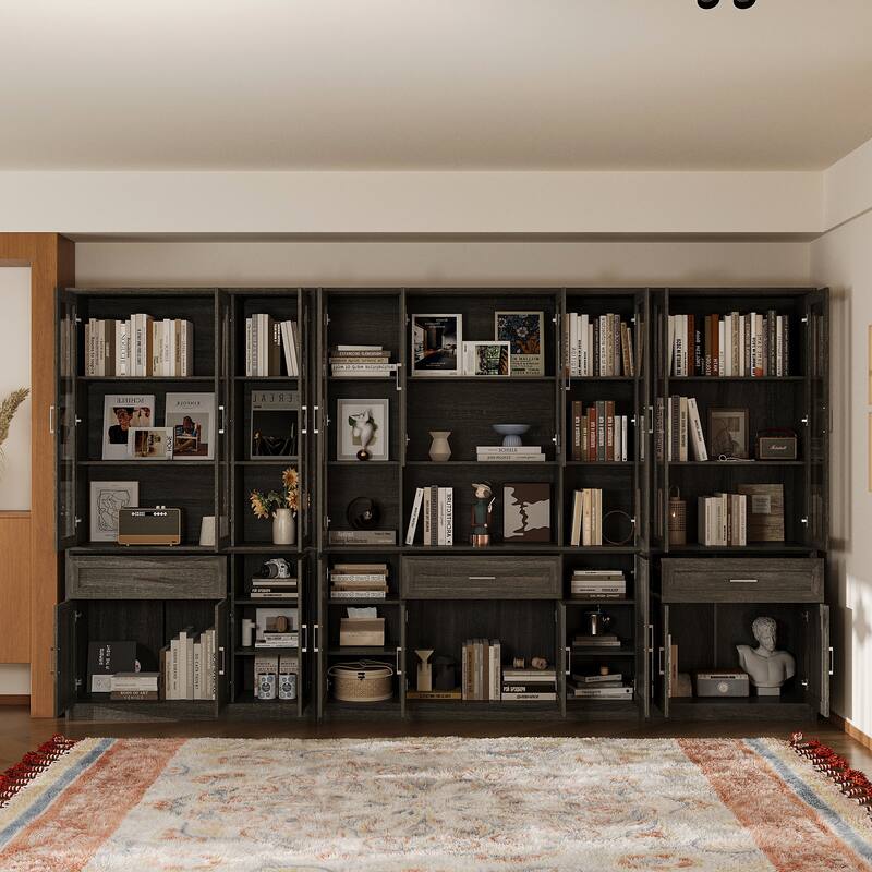 Modular Glass Door Bookcase Wall Unit with Storage Cabinets and Drawers, Dark Oak Display Hutch for Living Room or Home Office